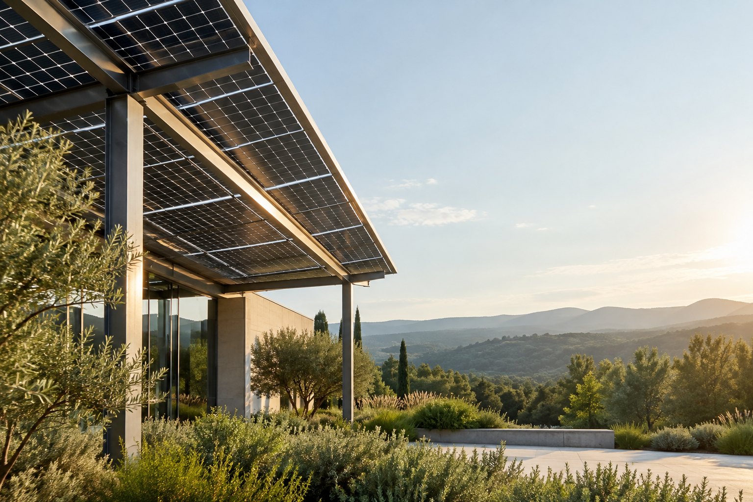 Solar panels on a low contemporary structure beside green planting in warm daylight.